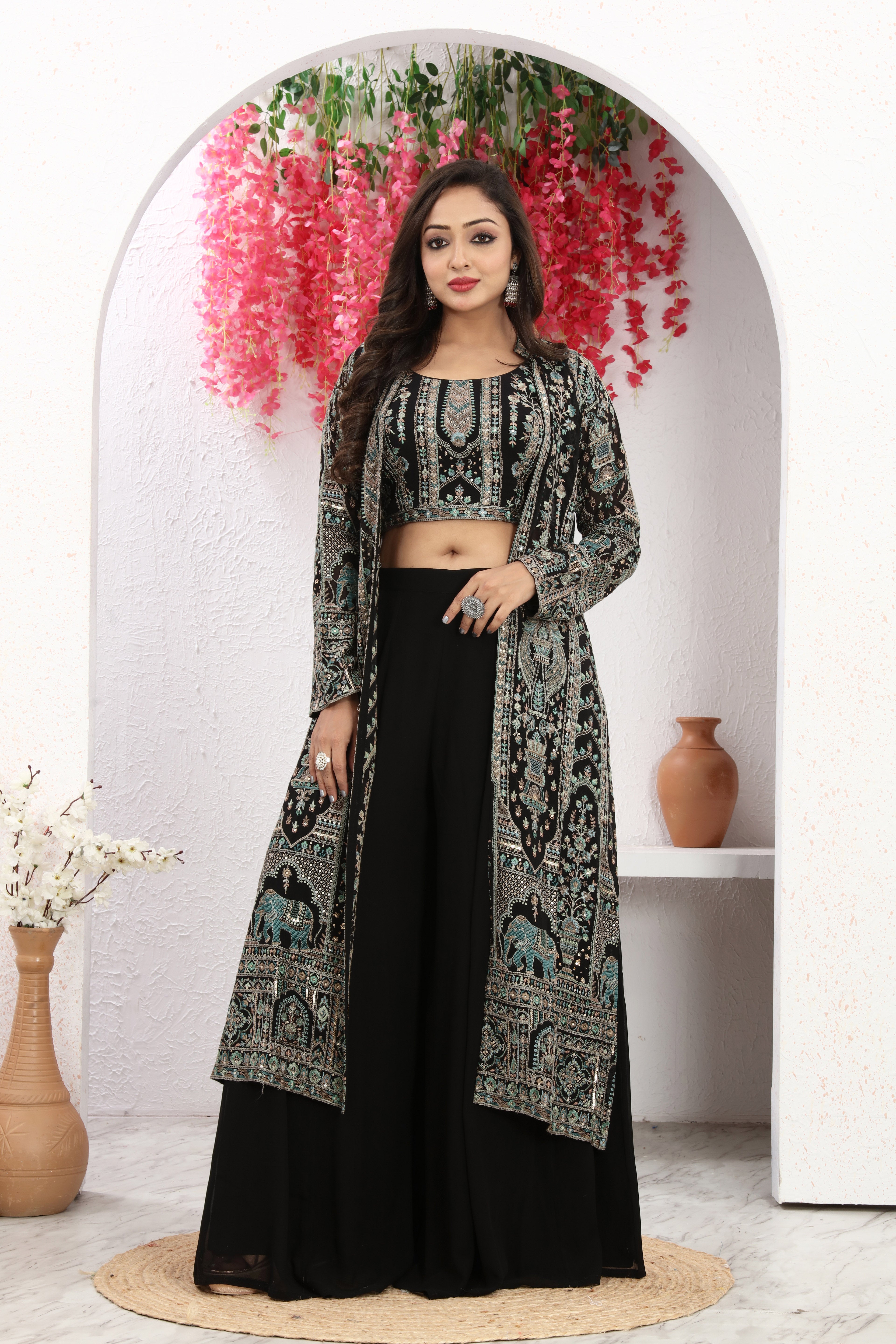 Chic Charm Black Shrug, Blouse, and Palazzo Set fabdyor.com Chic Charm Black Shrug, Blouse, and Palazzo Set fabdyor.com