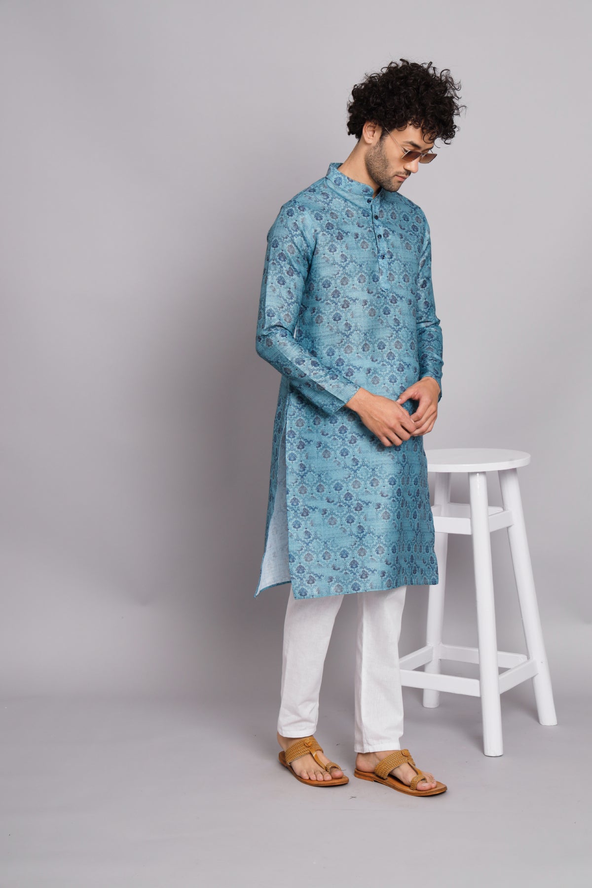Deep Sky Blue Floral Digital Print Linen Fabric Kurta –