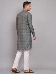 Teal And Beige Checks Print Linen Fabrics Men's Kurta