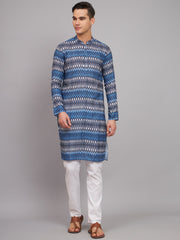 Designer Light Sky Blue Printed Linen Fabric Men's Kurta