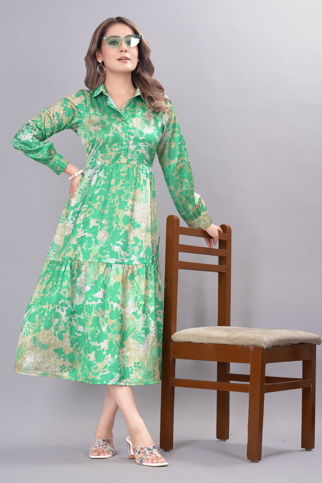Medium Sea Green Satin Floral Print Midi Dress fabdyor.com Medium Sea Green Satin Floral Print Midi Dress fabdyor.com