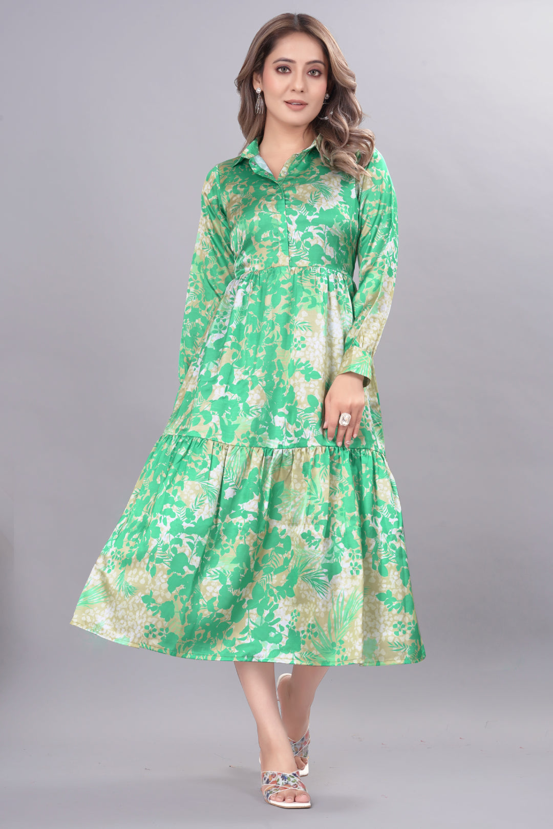 Medium Sea Green Satin Floral Print Midi Dress –