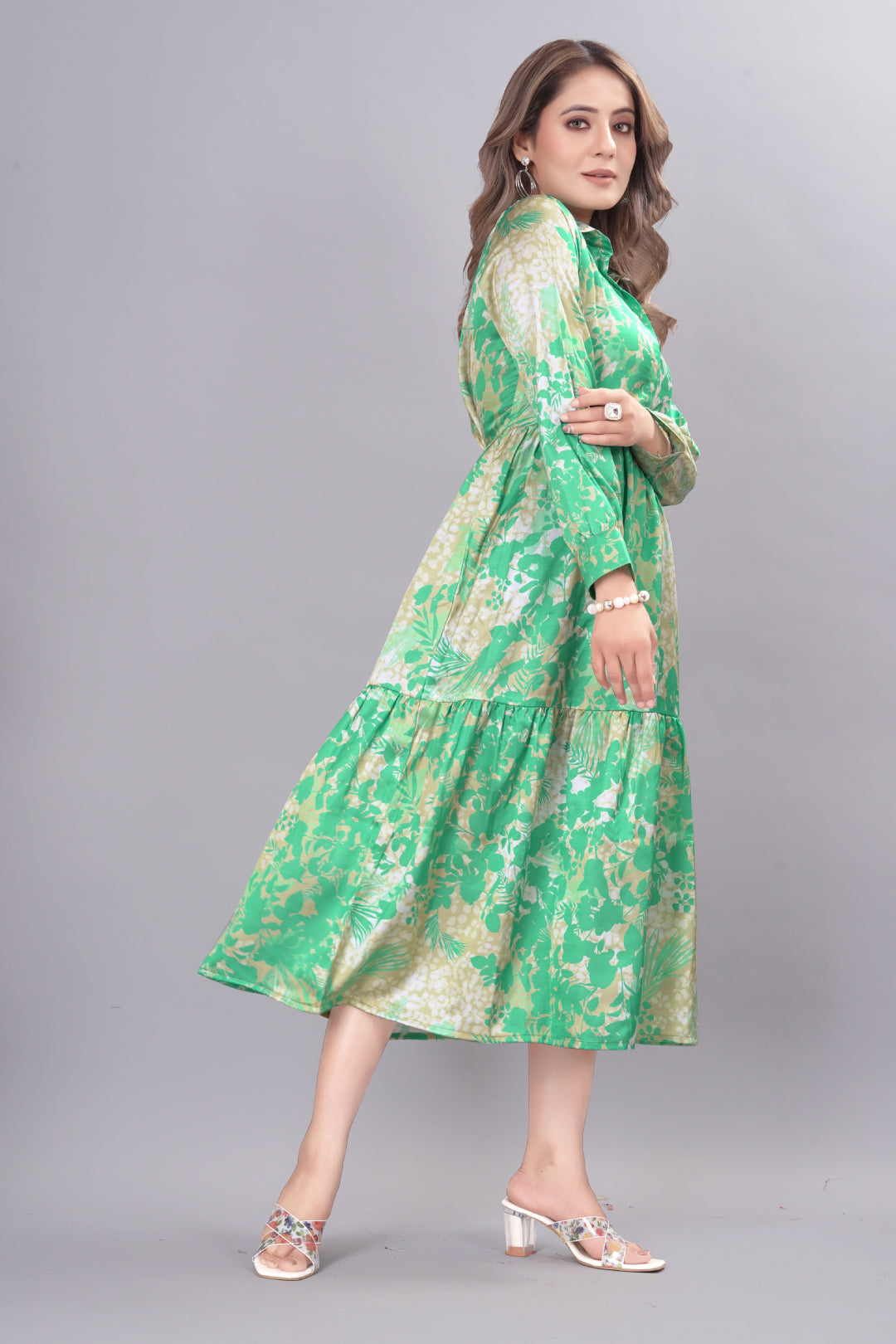 Medium Sea Green Satin Floral Print Midi Dress fabdyor.com Medium Sea Green Satin Floral Print Midi Dress fabdyor.com