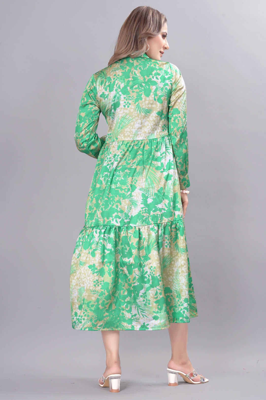 Medium Sea Green Satin Floral Print Midi Dress fabdyor.com Medium Sea Green Satin Floral Print Midi Dress fabdyor.com