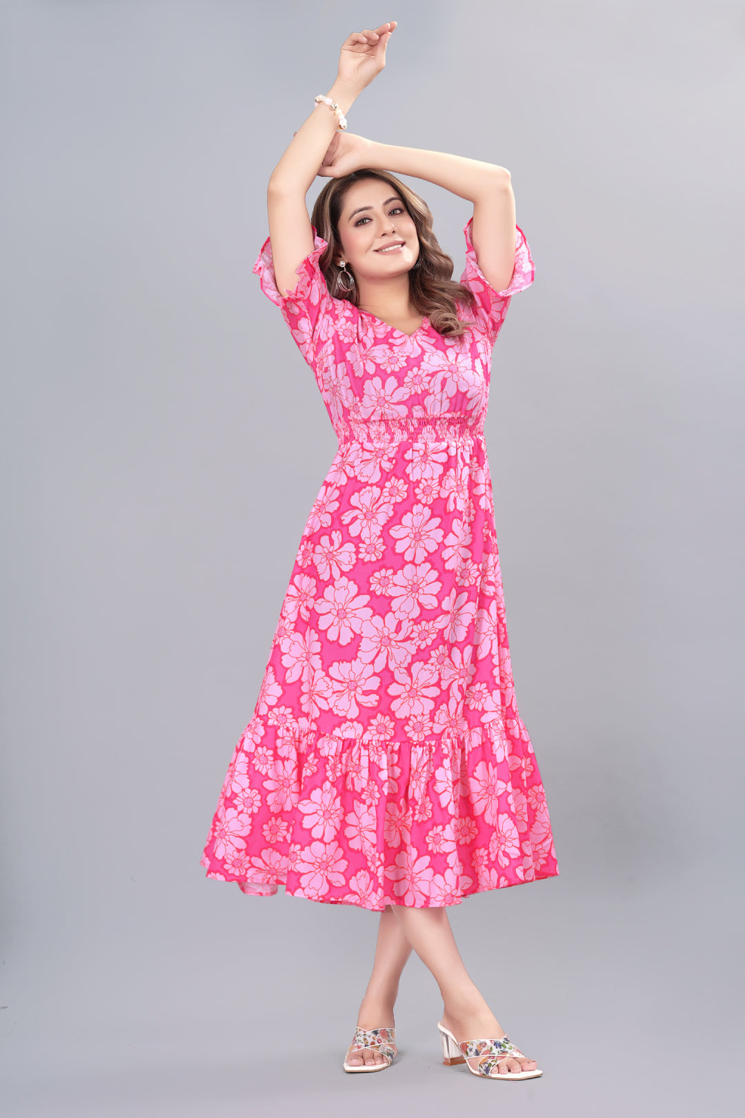 Hot Pink Crepe Floral Print Maxi Dress