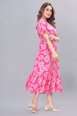 Hot Pink Crepe Floral Print Maxi Dress