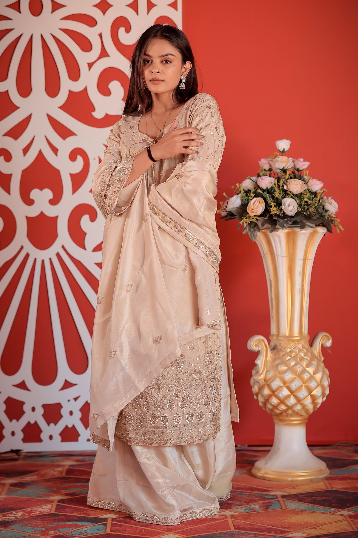 The Elegant Beige Beadwork Kurta, Plazzo & Dupatta Set