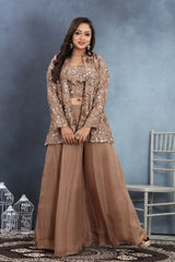 Earthy Elegance Brown Blouse Palazzo with Embellished Jacket