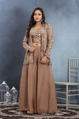Earthy Elegance Brown Blouse Palazzo with Embellished Jacket