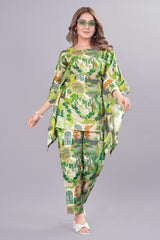 Sea Green Viscose Floral Print Kaftan Suit