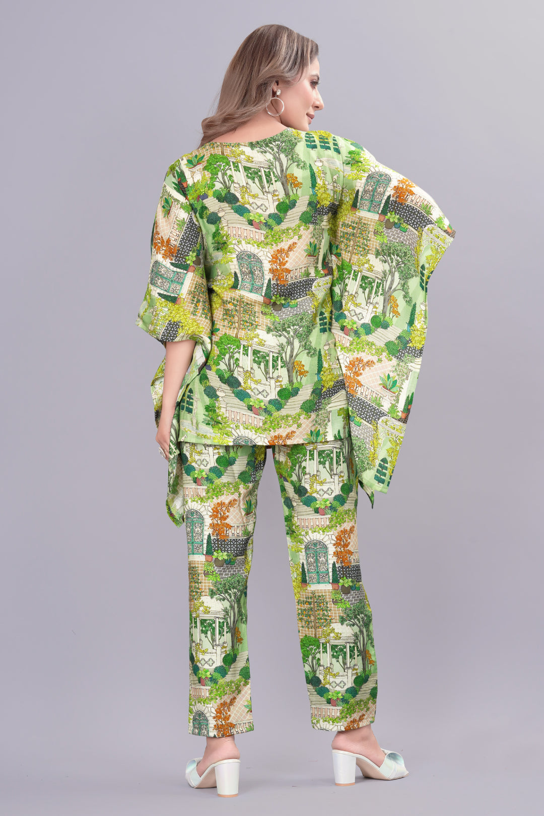 Sea Green Viscose Floral Print Kaftan Suit