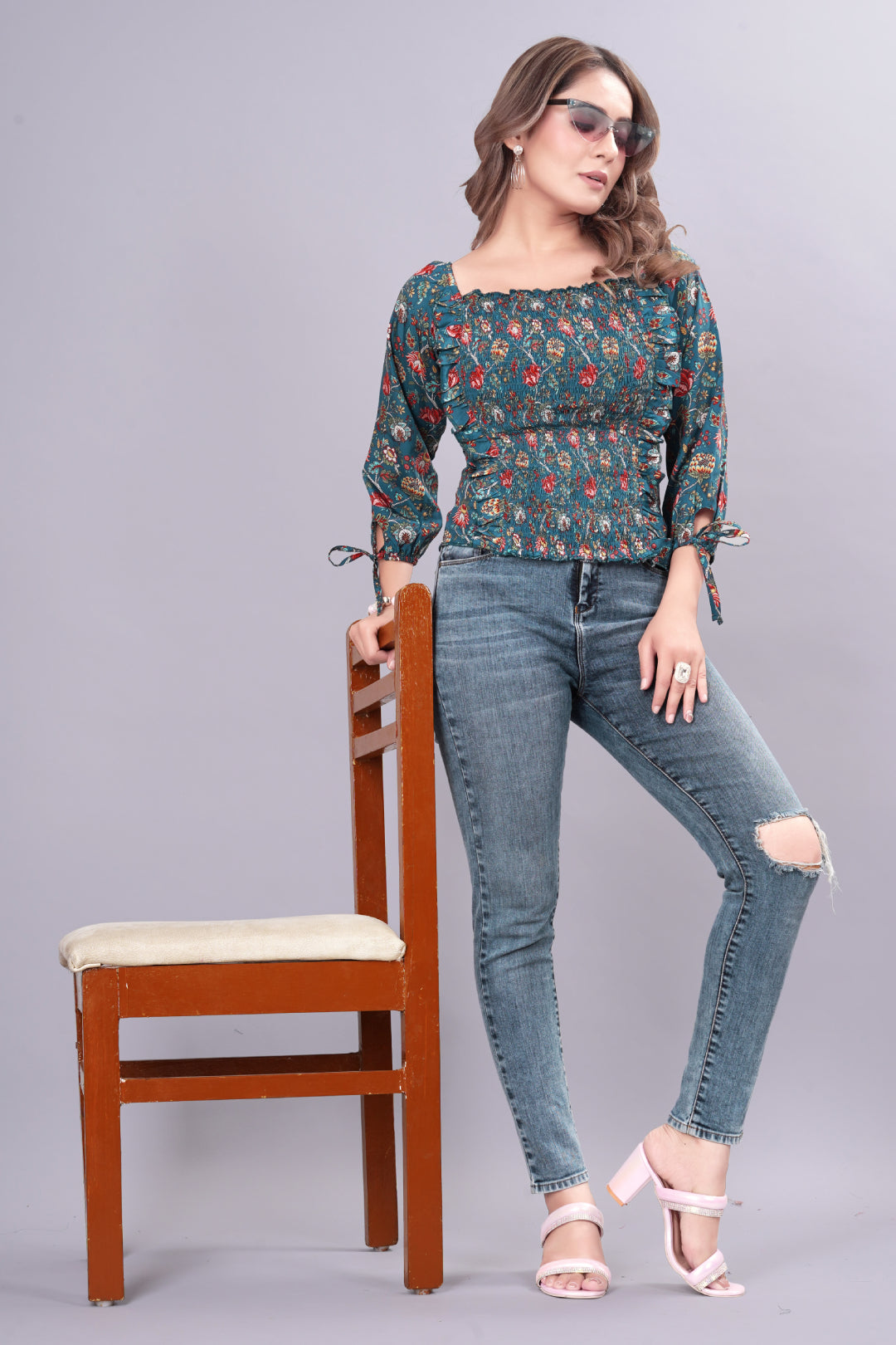 Steel Blue Mukhlin Floral Print Casual Top