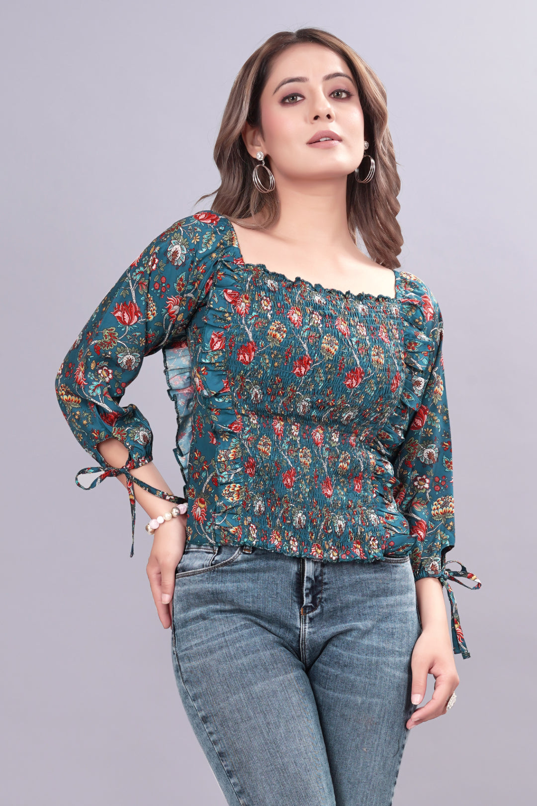 Steel Blue Mukhlin Floral Print Casual Top
