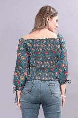 Steel Blue Mukhlin Floral Print Casual Top