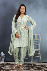 Blush Bloom Light Green Kurta, Dhoti & Dupatta Set