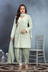 Blush Bloom Light Green Kurta, Dhoti & Dupatta Set