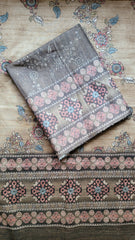 Dark Grey Color Floral Printed Tussar silk Unstiched Dress Material