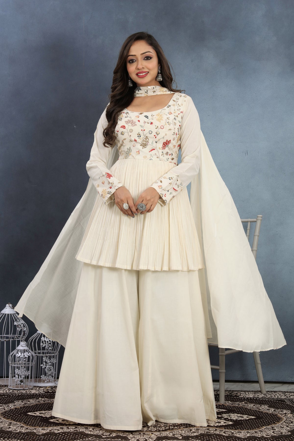 Clean & Chic Of White Top Palazzo Ensemble with Dupatta