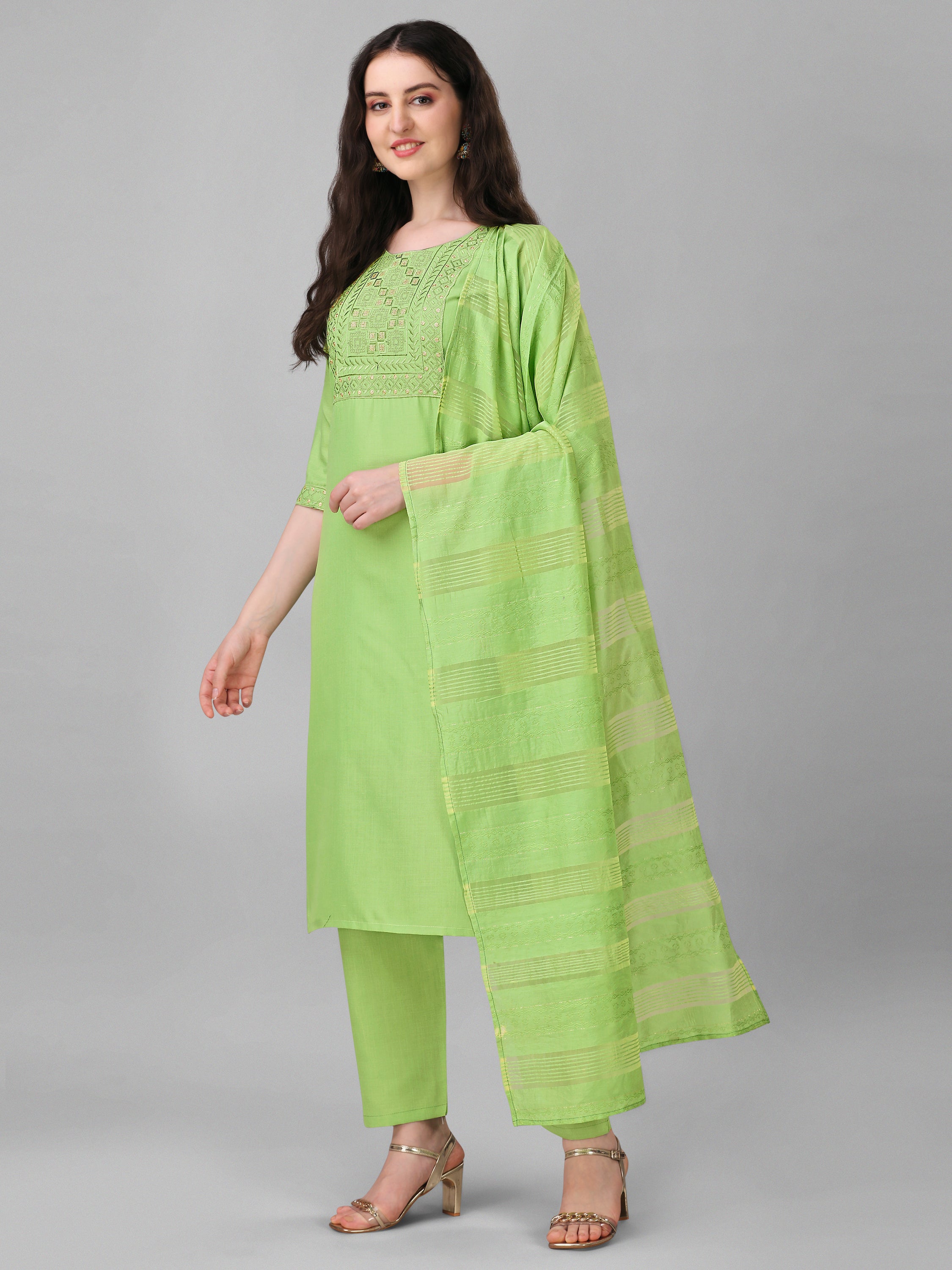 Cotton Blend Green Kurta Set with Chanderi Silk Dupatta