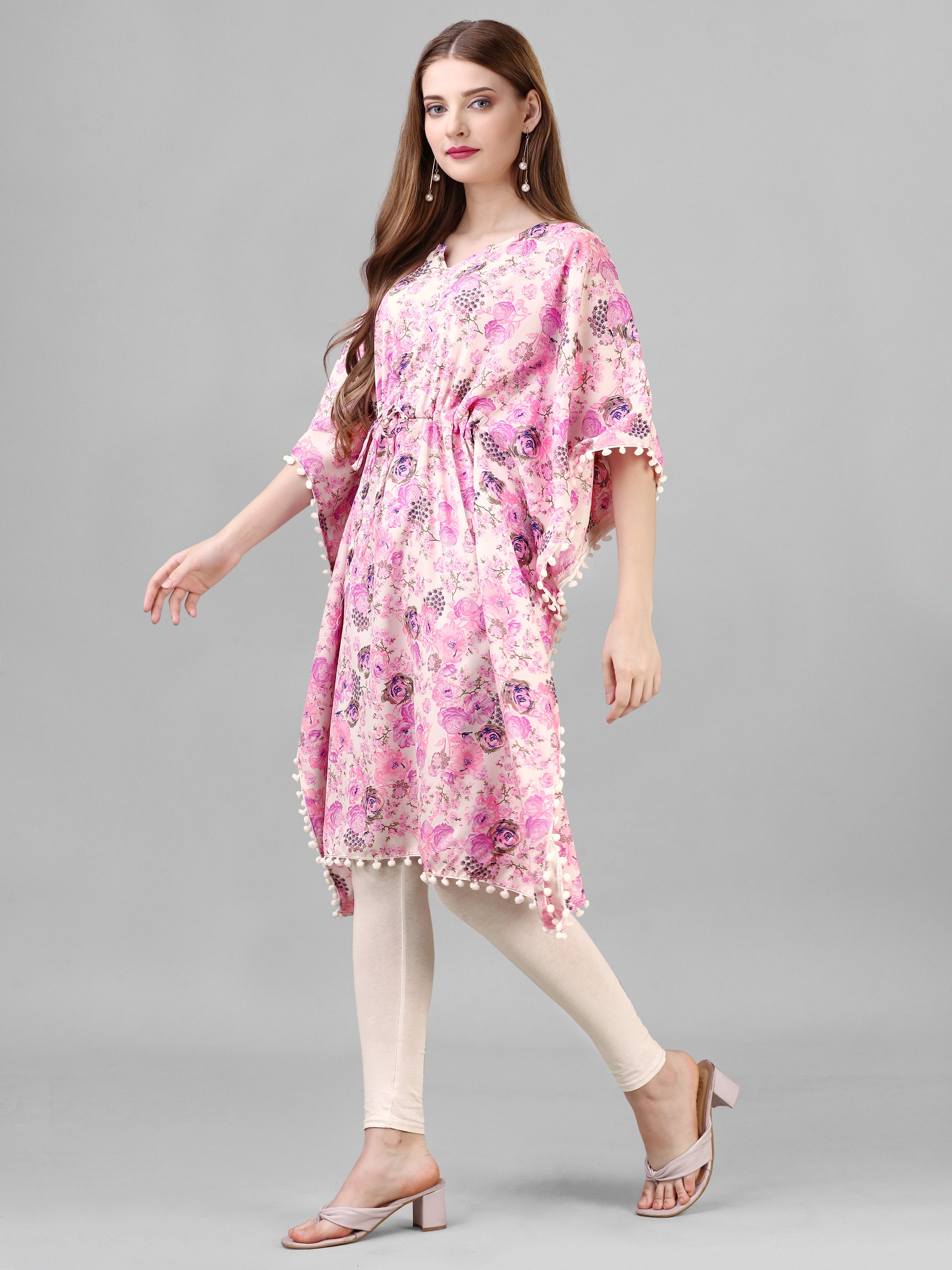 Pink Crepe Floral Printed Stylish Kaftan Midi Dress with Drawstring