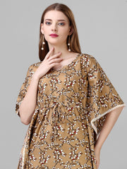 Brown Crepe Printed Stylish Kaftan Midi Dress with Waist String