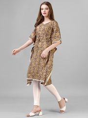 Brown Crepe Printed Stylish Kaftan Midi Dress with Waist String