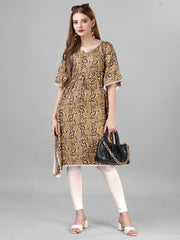 Brown Crepe Printed Stylish Kaftan Midi Dress with Waist String