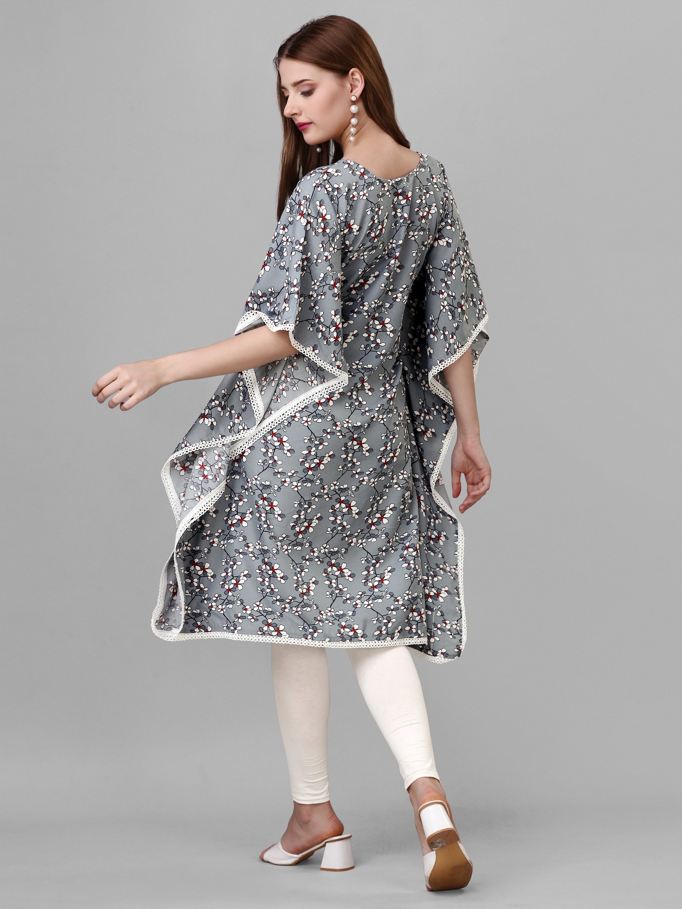 Grey Crepe Printed Stylish Kaftan Midi Dress with Waist String