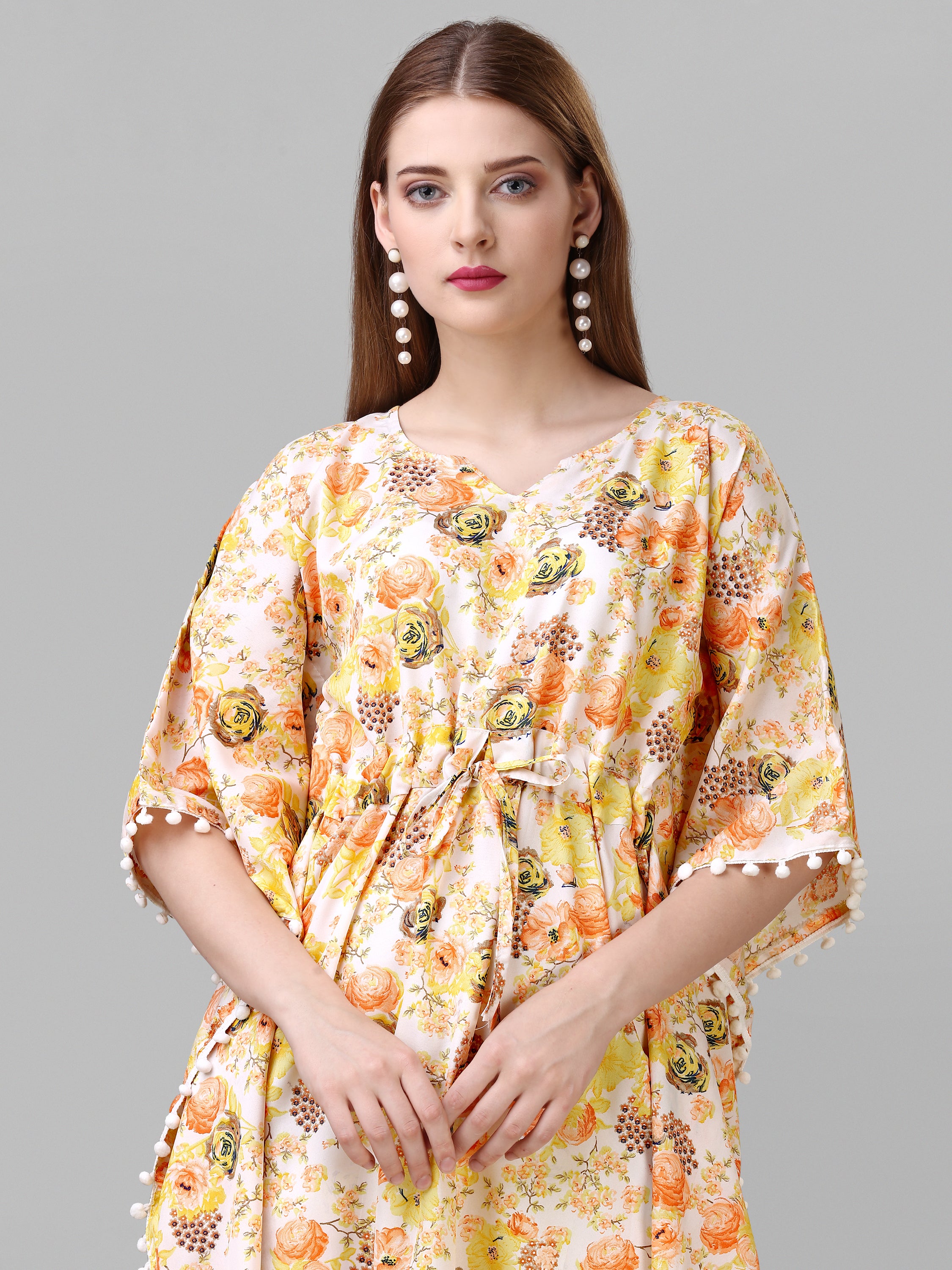 Yellow Crepe Floral Printed Stylish Kaftan Midi Dress with Drawstring