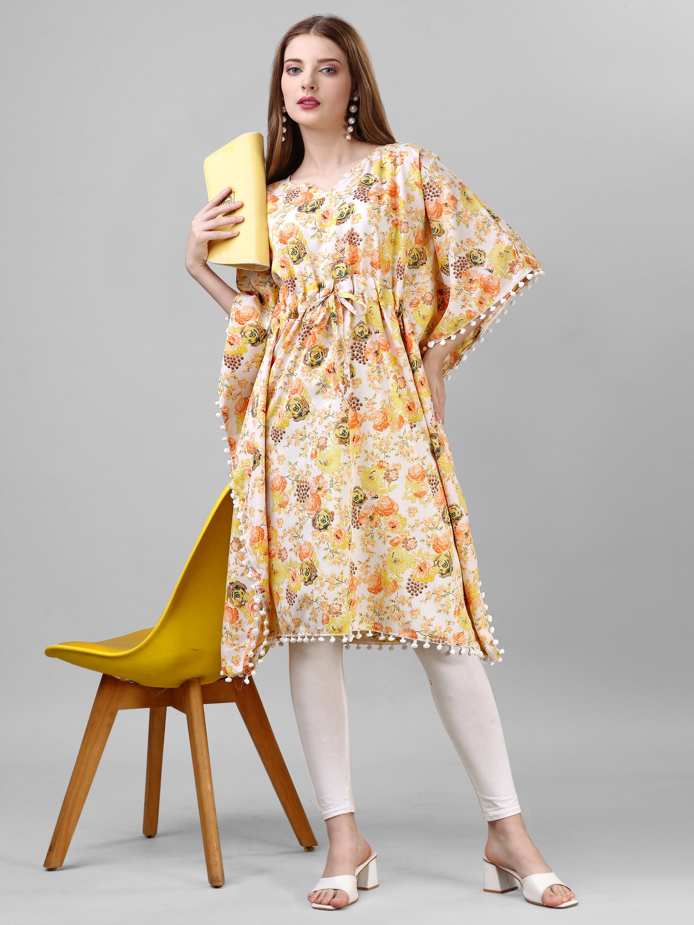Yellow Crepe Floral Printed Stylish Kaftan Midi Dress with Drawstring
