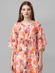 Orange Crepe Floral Printed Stylish Kaftan Midi Dress with Drawstring