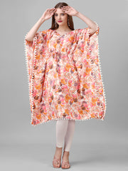 Orange Crepe Floral Printed Stylish Kaftan Midi Dress with Drawstring