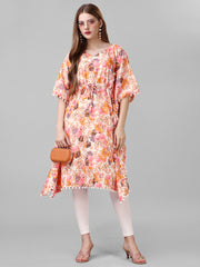 Orange Crepe Floral Printed Stylish Kaftan Midi Dress with Drawstring