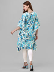 Blue Crepe Floral Printed Stylish Kaftan Midi Dress with Drawstring