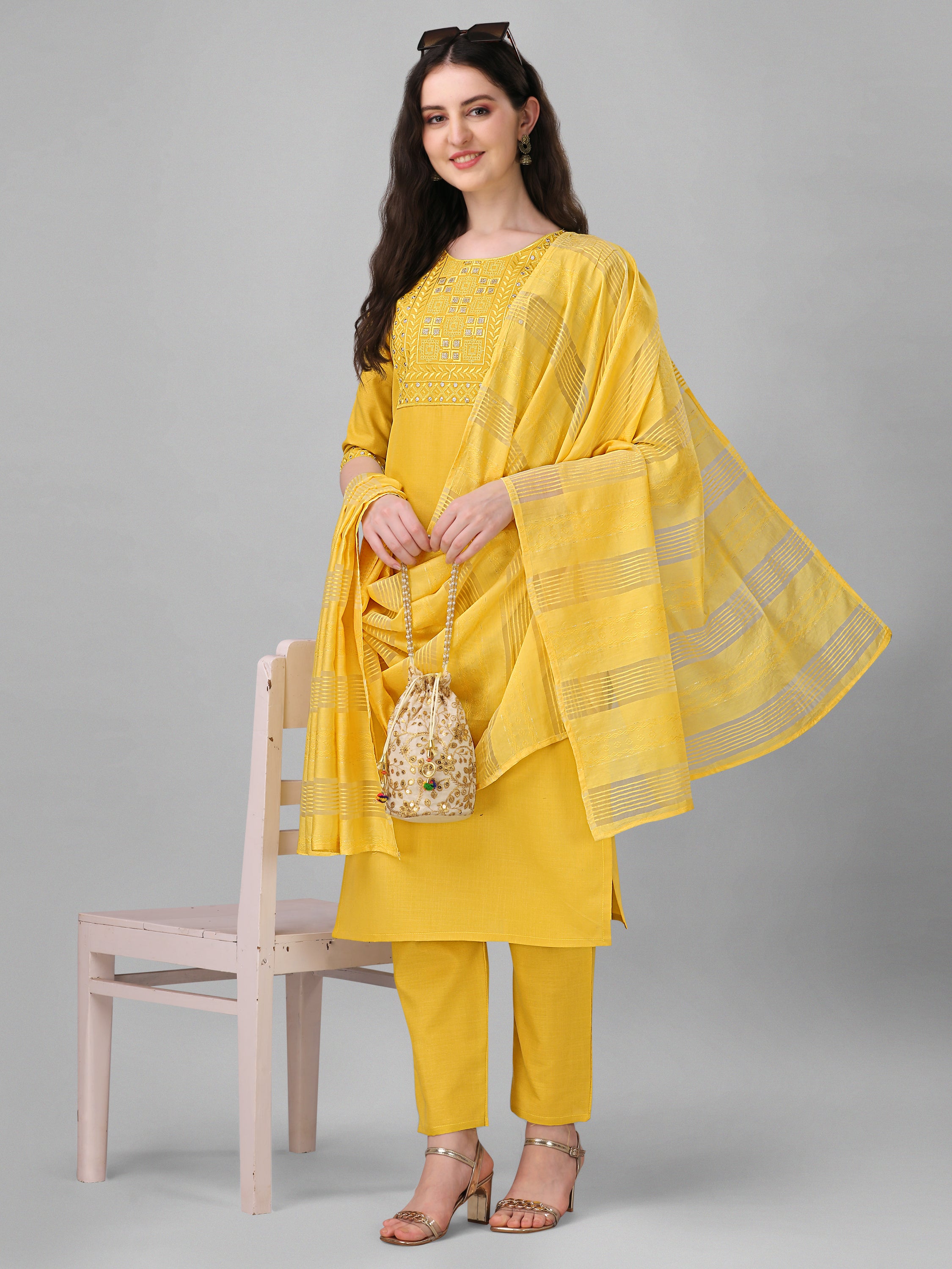 Yellow Cotton Embroidery Straight Kurta Set with Dupatta