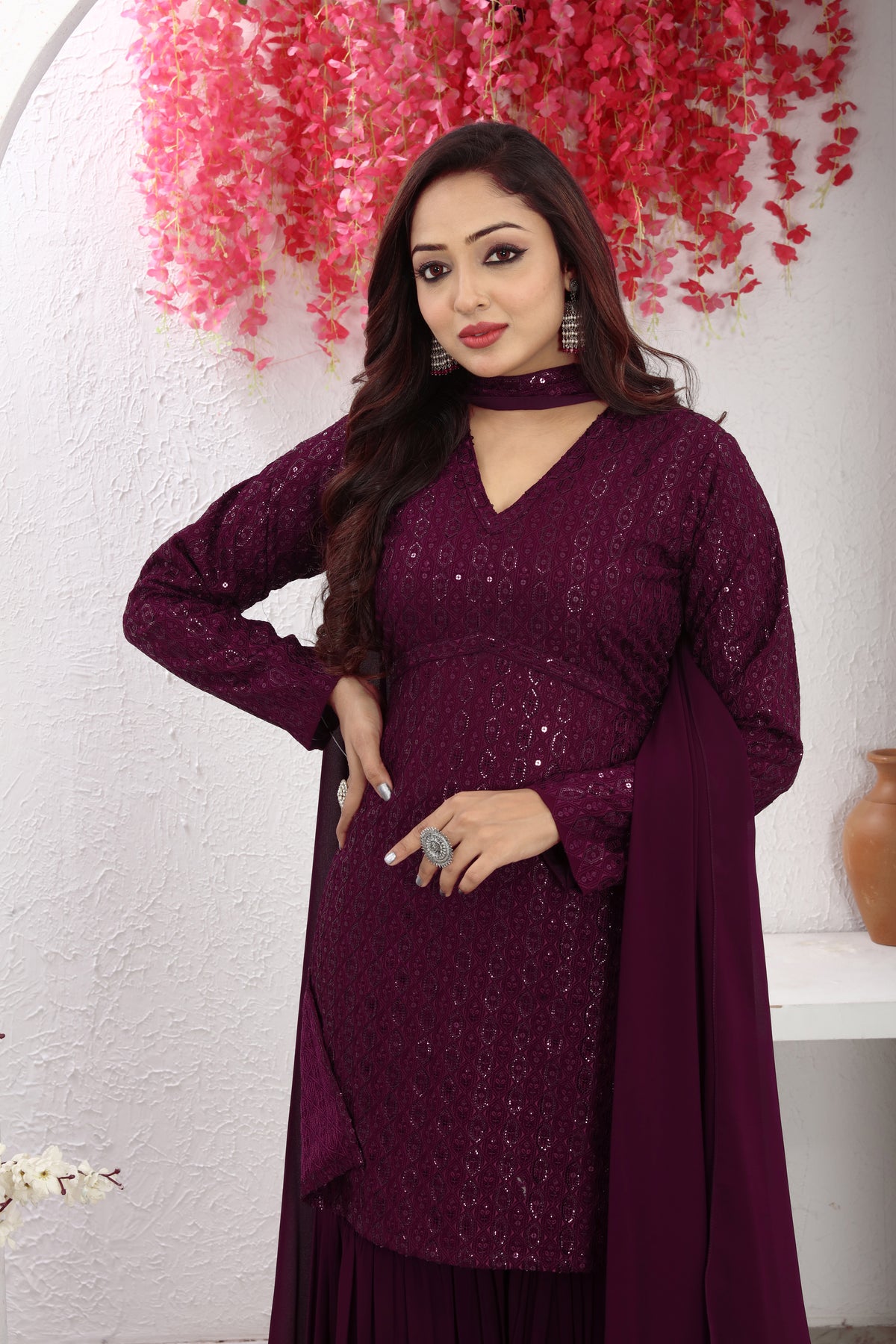 Graceful Allure Wine Kurta, Palazzo, and Dupatta Set