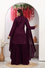 Graceful Allure Wine Kurta, Palazzo, and Dupatta Set