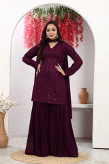 Graceful Allure Wine Kurta, Palazzo, and Dupatta Set