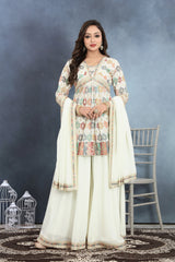 Elegant  White Embroidered Top, Palazzo, and Dupatta Set