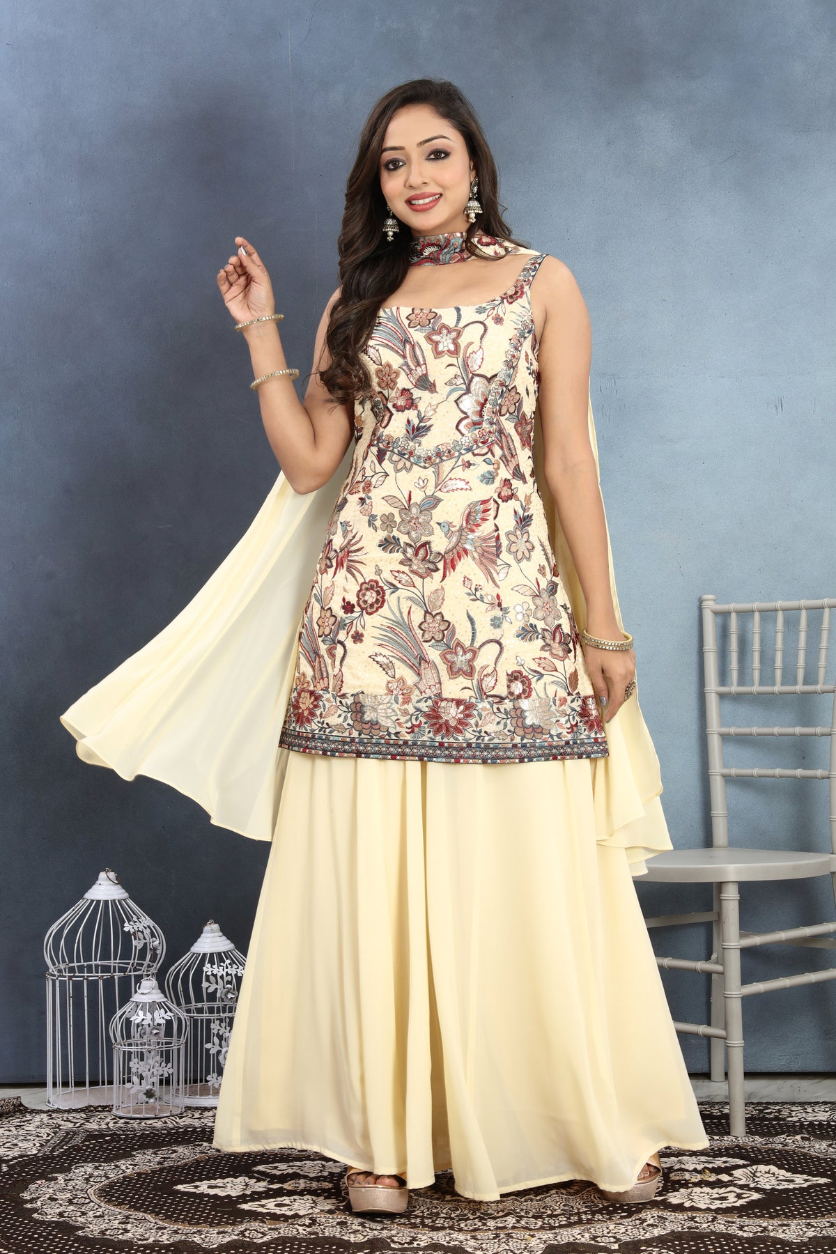 Ethereal Grace Of Cream Top, Palazzo, and Dupatta Set