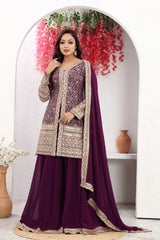 The Graceful Splendor Of Wine A-Line Embroidered Kurta, Palazzo, and Dupatta Set