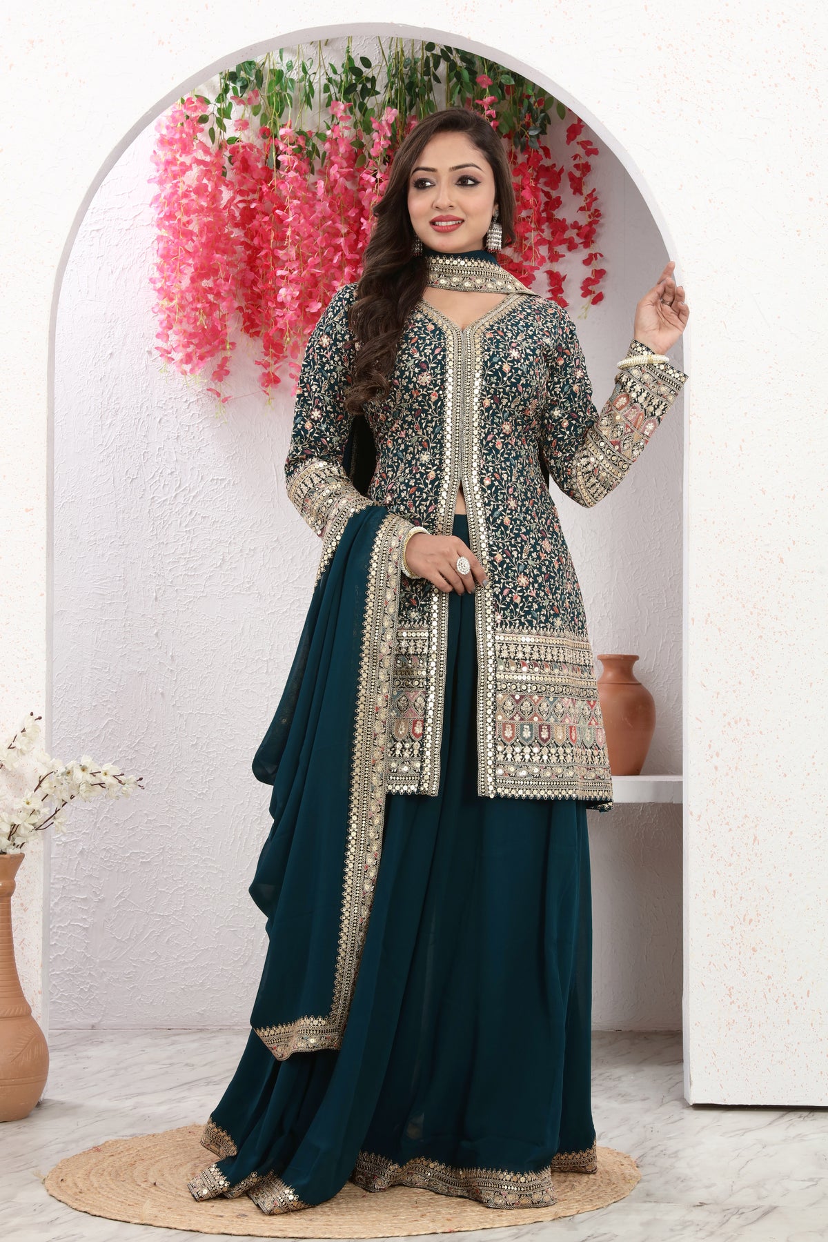 The Graceful Splendor Of Green A-Line Embroidered Kurta, Palazzo, and Dupatta Set