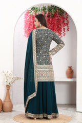 The Graceful Splendor Of Green A-Line Embroidered Kurta, Palazzo, and Dupatta Set