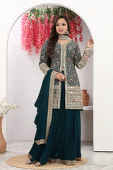 The Graceful Splendor Of Green A-Line Embroidered Kurta, Palazzo, and Dupatta Set