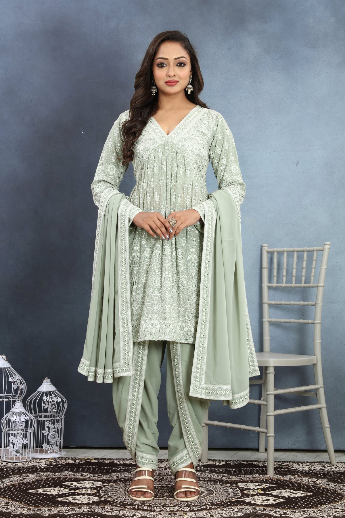 Blush Bloom Light Green Kurta, Dhoti & Dupatta Set