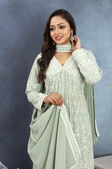 Blush Bloom Light Green Kurta, Dhoti & Dupatta Set