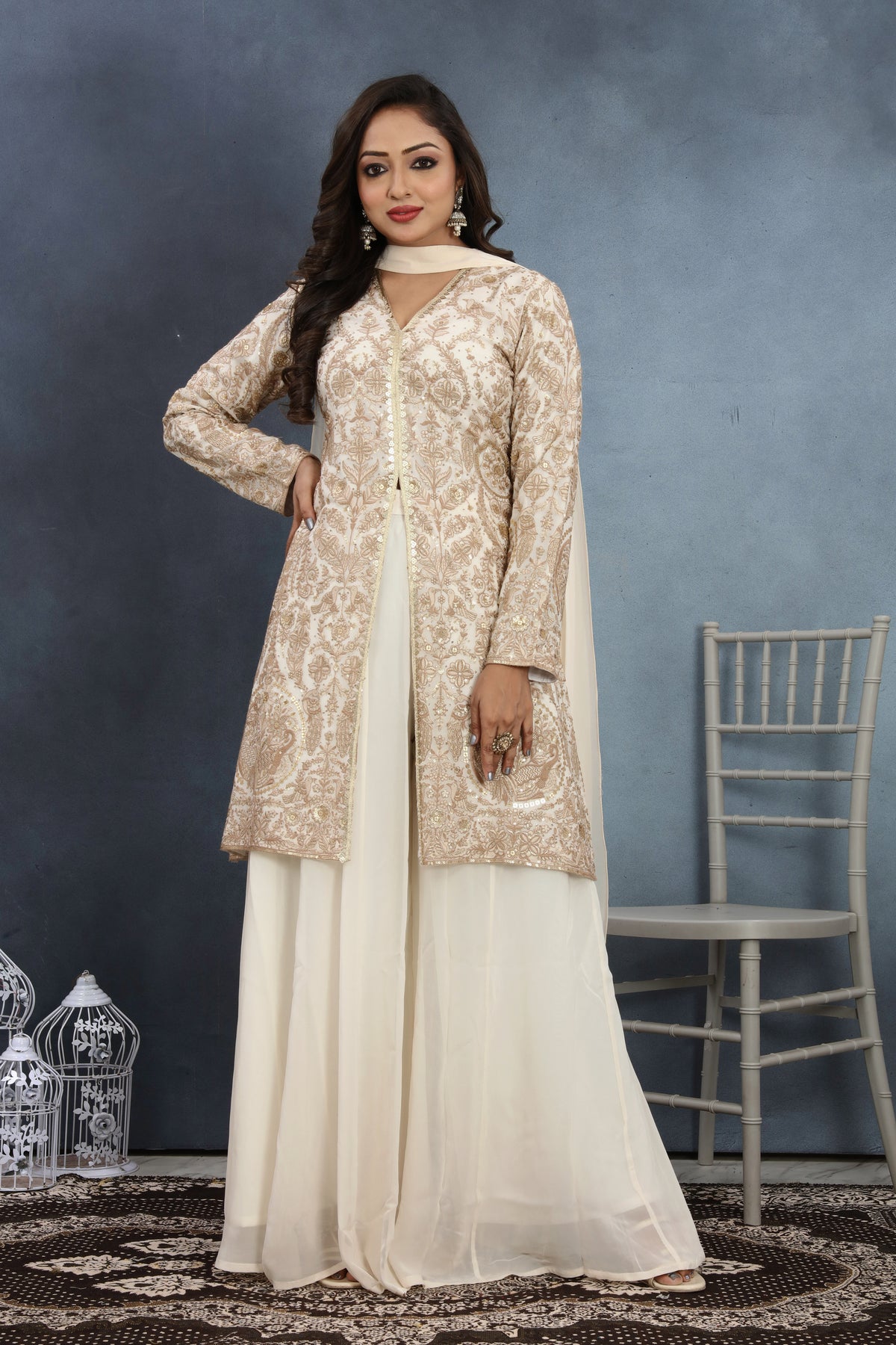 Classic White Embroidered A-Line Kurta & Palazzo Set with Dupatta