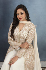 Classic White Embroidered A-Line Kurta & Palazzo Set with Dupatta