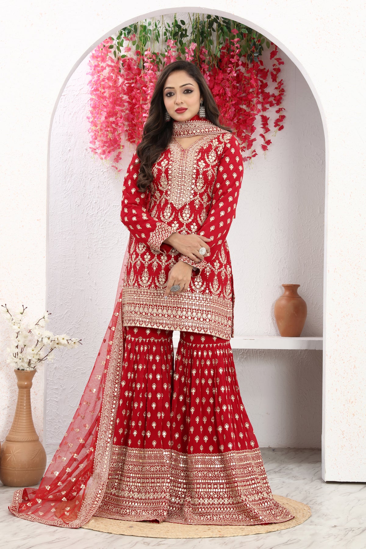 Timeless Red Embroidered Kurta with Sharara & Dupatta