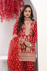 Timeless Red Embroidered Kurta with Sharara & Dupatta